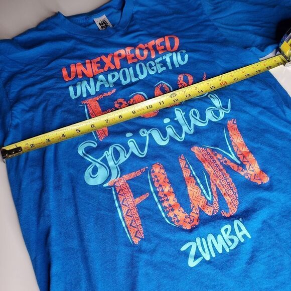 ZUMBA unexpected unapologetic fun blue orange Free Spirited SPELLOUT TSHIRT OSFM - Picture 2 of 7